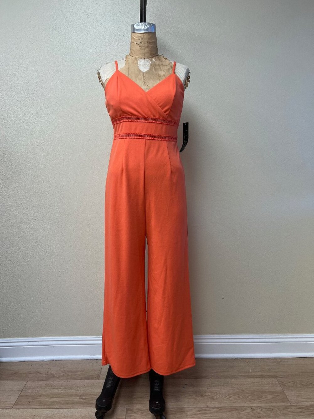 NWT Trixxi Orange Salmon Tank Top Crochet Front Retro Jumpsuit Large